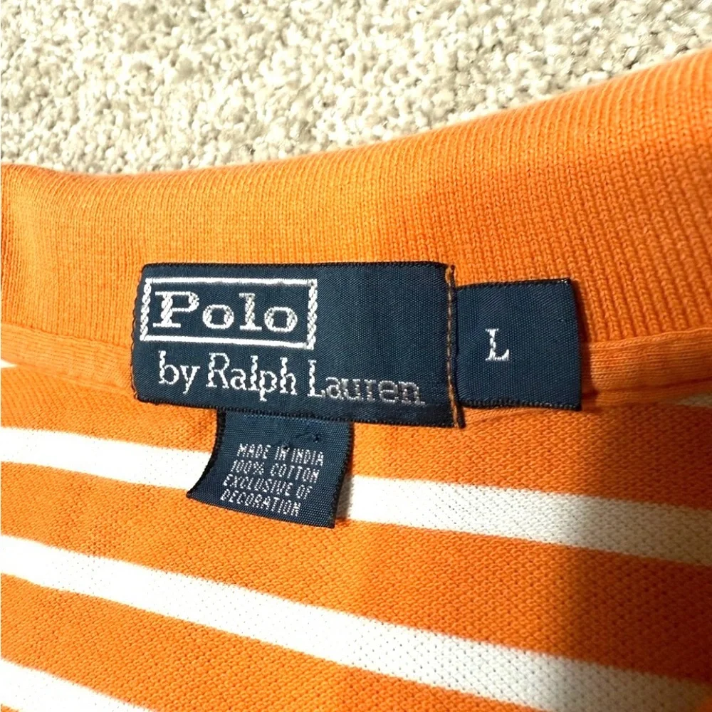 Polo Ralph Lauren Orange and White Striped Green Pony Short Sleeves Shirt Size L